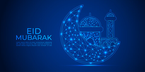 Eid Mubarak Greeting with Glowing Low Poly Crescent Moon and Mosque on Blue Background