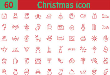 60 Christmas icon mega set on transparent background, winter, holiday, festive, gift, tree, snow, Sant, reindeer, bell, star, sock, sleigh, lights, candy, wreath, snowman and more