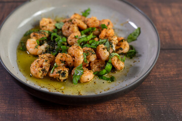 Jumbo Shrimp Scampi Sauteeing in Butter and Olive Oi