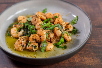 Jumbo Shrimp Scampi Sauteeing in Butter and Olive Oi