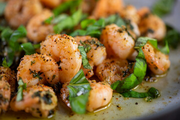 Jumbo Shrimp Scampi Sauteeing in Butter and Olive Oi