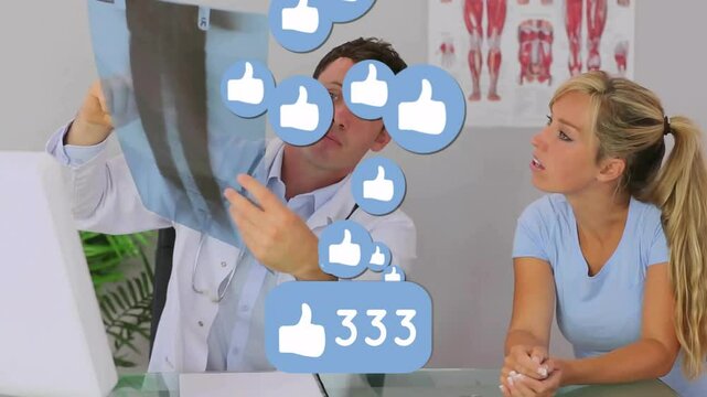 Doctor gesturing, unfolding X-ray film and showing blue likes rising to 996 with patient nodding