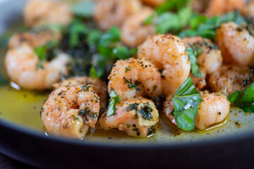 Jumbo Shrimp Scampi Sauteeing in Butter and Olive Oi