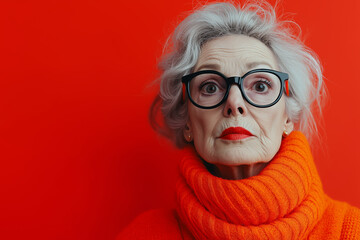 Elderly woman with white hair and bright red lipstick, wearing an orange sweater against a vibrant red background. Stylish and striking look with bold color contrast.