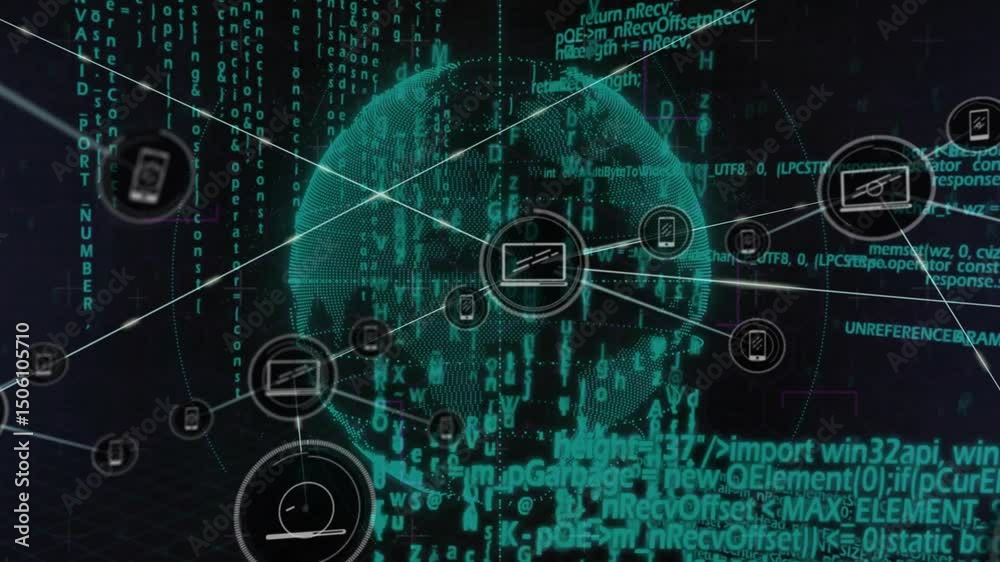 Poster dark teal grid code starting globe forming while device icons connecting showing network mesh