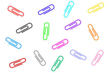 Colorful paper clips arranged randomly on a white background, showcasing various hues and shapes