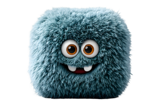 Playful Teal Furry Cube Monster with Big Eyes and Grin
