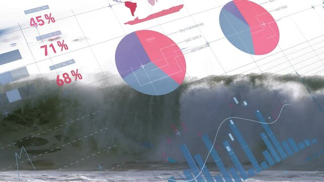 Ocean wave rising causing data overlays and charts shifting upward, illustrating analytics flood