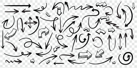 Fototapeta premium Set of simple lines hand drawn black arrows. Hand drawn freehand different curved lines, swirls arrows. Doodle marker drawing, black chalk smears. Direction pointers. Scribbles and scrawls. eps 10