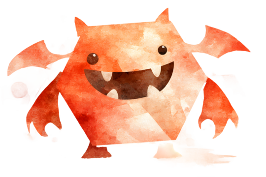 Playful Orange Watercolor Monster with Wings and Grin