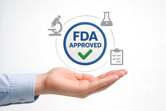 A professional hand supports a circular badge reading &ldquo;FDA approved&rdquo; surrounded by lab icons. Concept of pharmaceutical validation and medical safety certification.