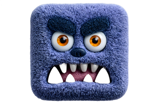 Angry Square Fuzzy Monster with Orange Eyes and Sharp Teeth - Powered by Adobe