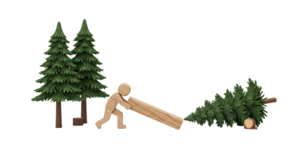 Isolated Lumberjack Figure Pushing a Cut Christmas Tree