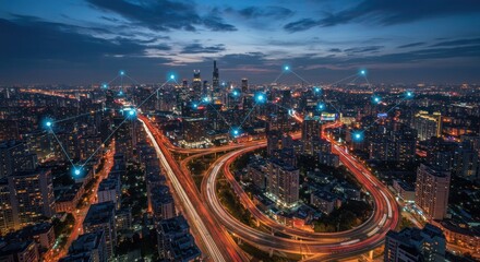 Fototapeta premium Futuristic city lights illuminate the night