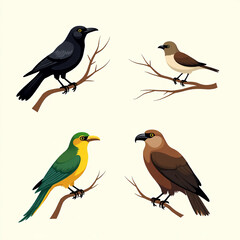 Photo of Four different species of birds isolated on white background