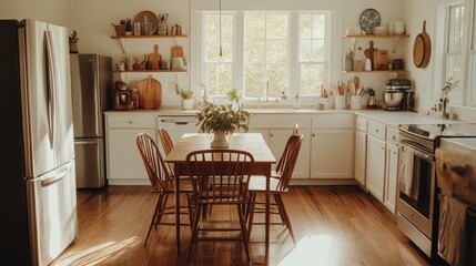 A sunny kitchen with a wooden table and wicker chairs.