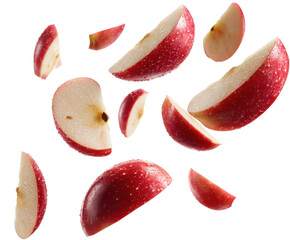 Sliced red apple pieces falling in air food dynamic viewpoint isolated on transparent background