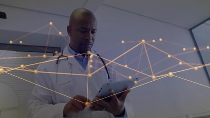 Doctor with stethoscope tapping tablet in clinic, navigating patient data with network graphics - Powered by Adobe