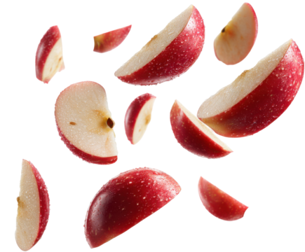 Sliced red apple pieces falling in air food dynamic viewpoint isolated on transparent background