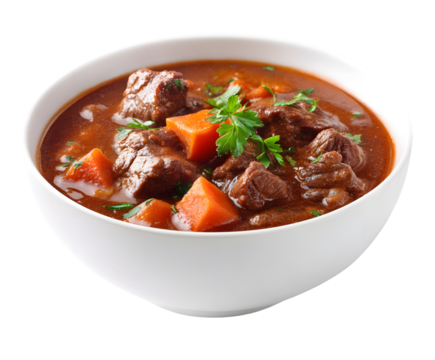 Delicious Beef Stew with Carrots and Parsley in White Bowl Isolated on Transparent Background