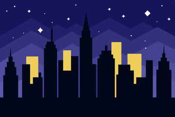 Fototapeta premium Winter urban night cityscape with a starry sky and illuminated downtown buildings