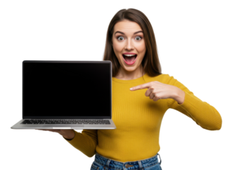 Young woman pointing to her laptop isolated PNG on white background. Smiling female presenting computer for online shopping, e-commerce, digital product promotion, technology showcase, and business co