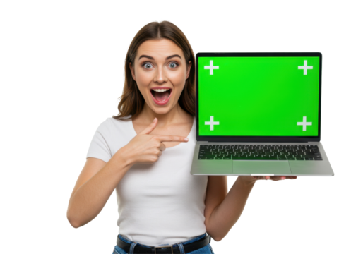 Woman pointing to her laptop with green screen isolated on white background PNG. Technology mockup for app, website, software, online course, business presentation, digital design and product display