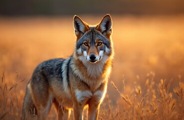 Obraz premium Alert American coyote stands prairie, bathed warm glow setting sun. Serene wild iconic creature natural habitat. Golden hour dusk, warm light. Natural light, animal portrait, wildlife scene.