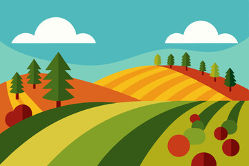 Vector illustration of an autumn rural landscape with trees, green grass, and a sunny sky