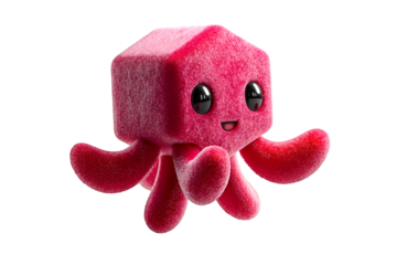 Cheerful Red Fuzzy Cube Octopus Cartoon Character