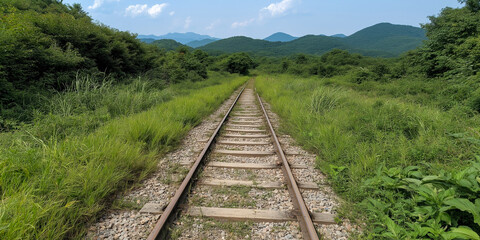 Obraz premium A deserted railway track stretches into the distance, flanked by lush green grass and dense foliage. Mountains rise in the background under a clear blue sky.