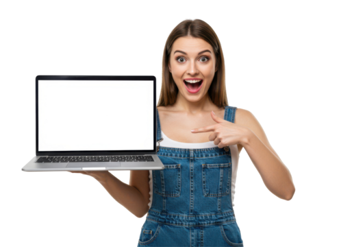excited woman holding a laptop with blank screen, marketing concept