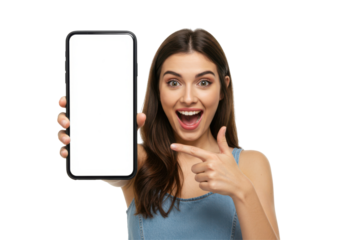 Surprised woman holding and showing a large smartphone with blank screen to the camera