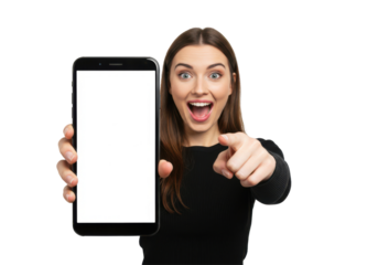 Surprised woman holding and showing a large smartphone with blank screen to the camera – isolated on white background, perfect for mockups, app previews, or phone screen UI templates