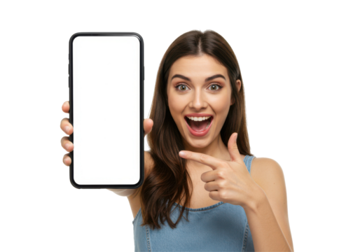 Surprised woman holding and showing a large smartphone with blank screen to the camera