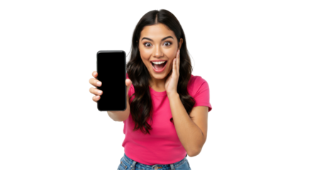 Smiling woman showing smartphone isolated on white PNG. Happy female holding mobile device to the camera for digital communication, social media, app promotion, online shopping, and technology concept