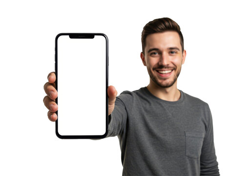 Excited Young Man Holding Smartphone and Smiling Joyfully – Celebrating Success and Achievement – Isolated PNG – Happy Male with Mobile Phone for Technology, Motivation, and Positivity Themes