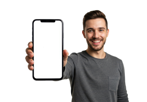 Excited Young Man Holding Smartphone and Smiling Joyfully – Celebrating Success and Achievement – Isolated PNG – Happy Male with Mobile Phone for Technology, Motivation, and Positivity Themes