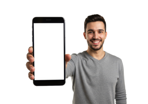 Middle Eastern Man Holding and Displaying big Smartphone Towards Camera – Transparent Background – App Promotion, Digital Marketing Concept, Isolated Cutout for Commercial Use