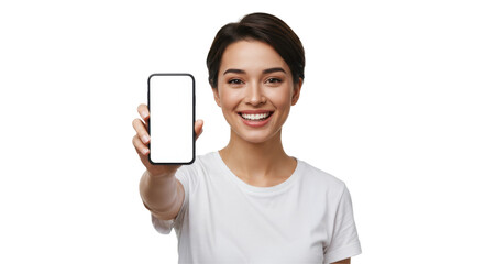 Mockup woman's hand holding using smart phone with white blank screen png mobile app design and advertising, online marketing