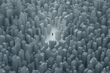 Fototapeta premium Urban Labyrinth: Lone Figure Lost in a Low-Poly Cityscape, Visualizing Alienation in Modern Metropolises.