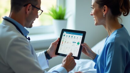 A smiling female doctor explains medical data on a tablet to a colleague in a hospital setting. AI generated