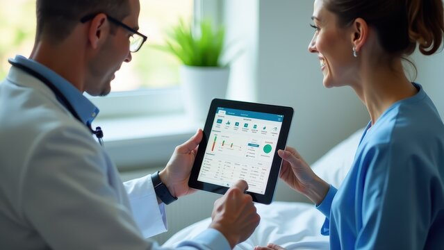 A smiling female doctor explains medical data on a tablet to a colleague in a hospital setting. AI generated