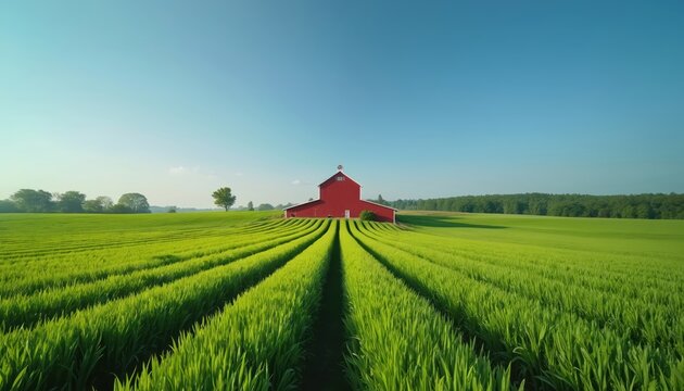 Vibrant green field with rows of crops leads towards red barn. Clear blue sky. Rustic farmland, agriculture, rural scene evoking peace. Perfect for eco, farming, harvest projects.
