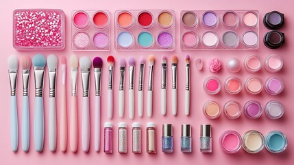 Fototapeta premium Harmonious arrangement of makeup brushes and cosmetics in soft pink hues creates elegance