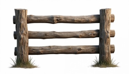 Obraz premium Rustic wooden fence isolated on white background. Aged split rail fence, old weathered timber construction. Natural wooden texture, for decoration. Rural landscape, countryside, garden barrier