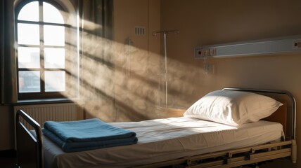 A sunlit hospital room features an empty bed with a blue blanket folded at its foot, illuminated by strong beams of light streaming through a large arched window.