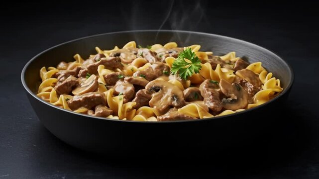 Savory beef stroganoff pasta in a black skillet with herbs  