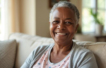 Portrait of happy senior african american woman smiling while sitting on sofa, looking at camera. Elderly female in retirement at home, lifestyle, positive emotion. Mature lady, wellbeing concept.