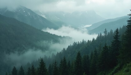 Obraz premium Scenic mountain range covered in dense forests under overcast sky. Misty valley, atmospheric landscape. Natural environment, travel tourism, eco-friendly theme. Wilderness scene with pine trees,